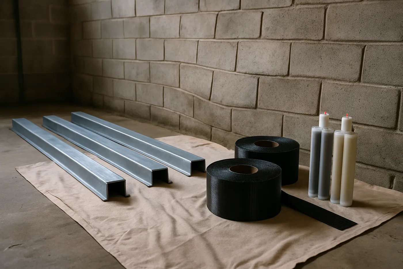 Steel I-beam braces and pier sections staged in a Topeka basement